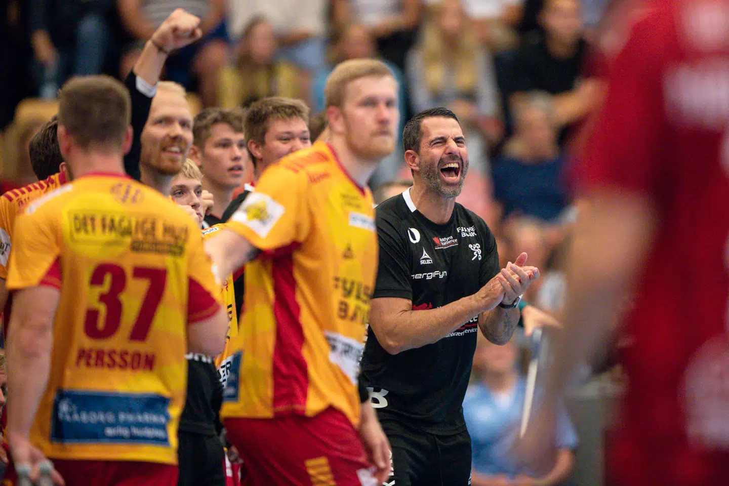 Jubel hos tidligere cheftræner Ian Marko Fog på GOGs bænk, da sejren er i hus under kampen mellem GOG og Aalborg Håndbold i Sparekassen Danmark Super Cup i Arena Randers onsdag den 30. august 2023.. (Foto: Bo Amstrup/Ritzau Scanpix)