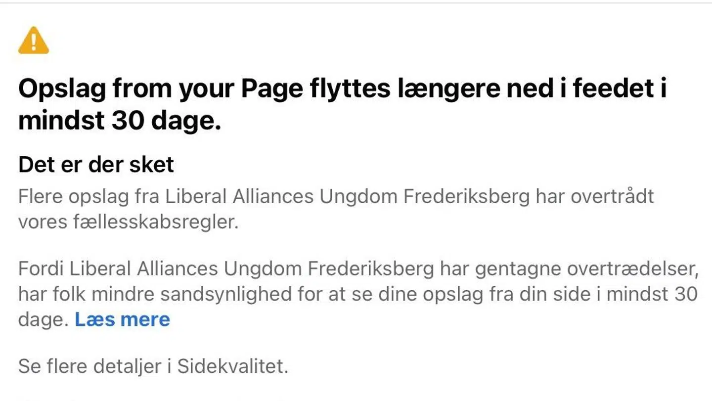 Besked fra Facebook til Liberal Alliances Ungdom på Frederiksberg.