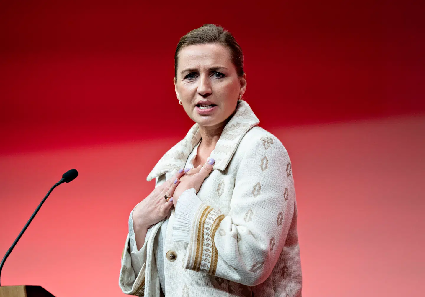 Mette Frederiksen ved Socialdemokratiets årsmøde 2023 i Aalborg. Foto: Henning Bagger, Scanpix.