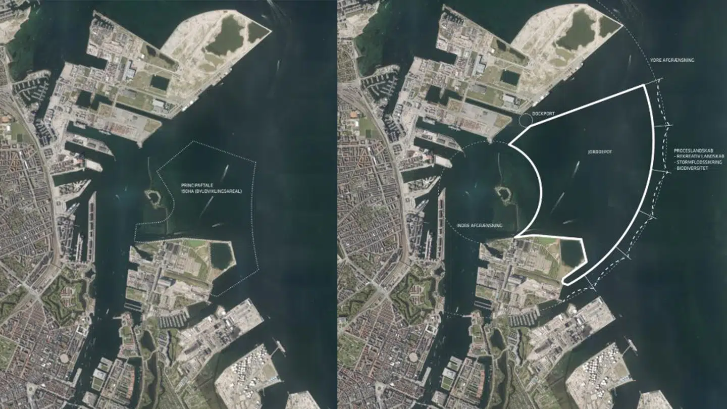 Lynetteholmen bliver endnu større end først forventet. Til venstre ses den oprindelig plan. Til højre den nye.
