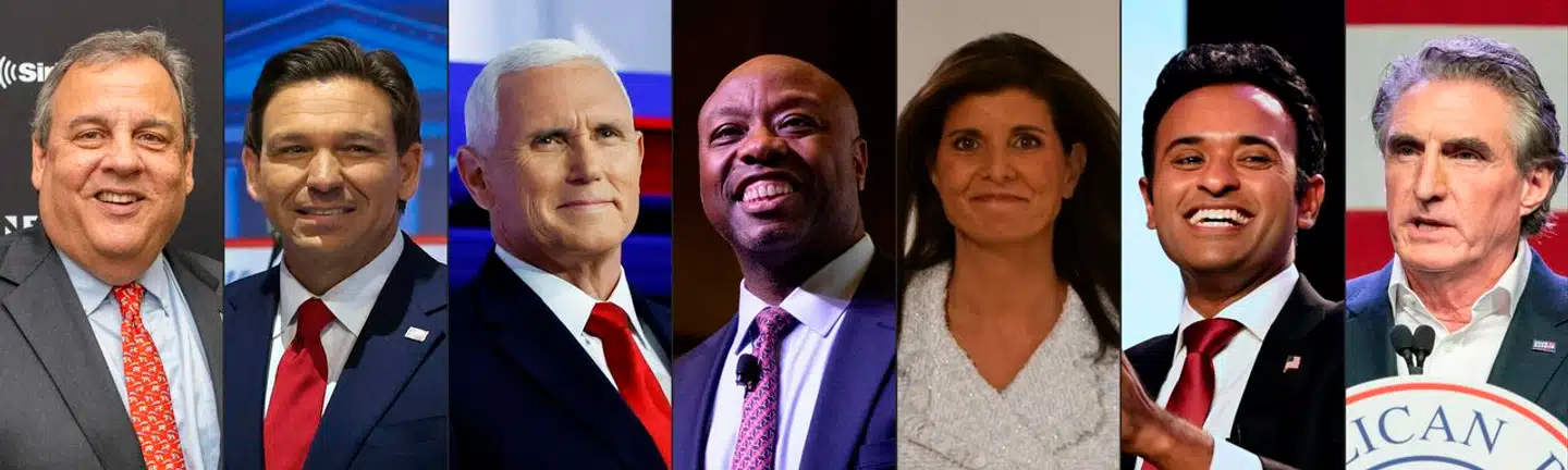 Chris Christie, Ron DeSantis, Mike Pence, Tim Scott, Nikki Haley, Vivek Ramaswamy og Doug Burgum indtager onsdag aften scenen i Simi Valley i Californien.