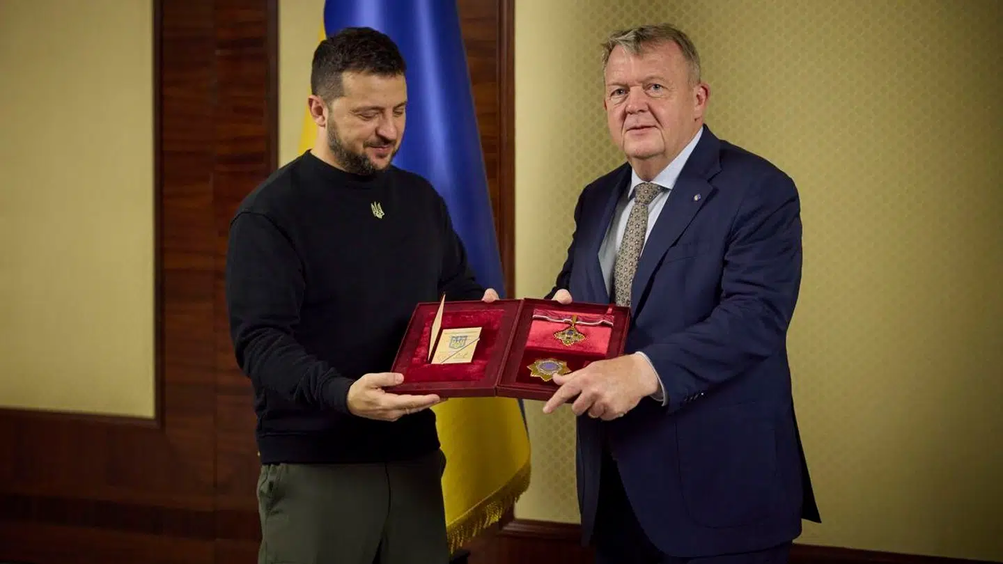 October 2, 2023, Kyiv, Kiev Oblast, Ukraine: Ukrainian President Volodymyr Zelenskyy, left, presents the Order of Merit I class to Danish Minister of Foreign Affairs Lars Løkke Rasmussen, right, following a meeting of the European Union Council of Foreign Ministers, October 2, 2023 in Kyiv, Ukraine. (Credit Image: