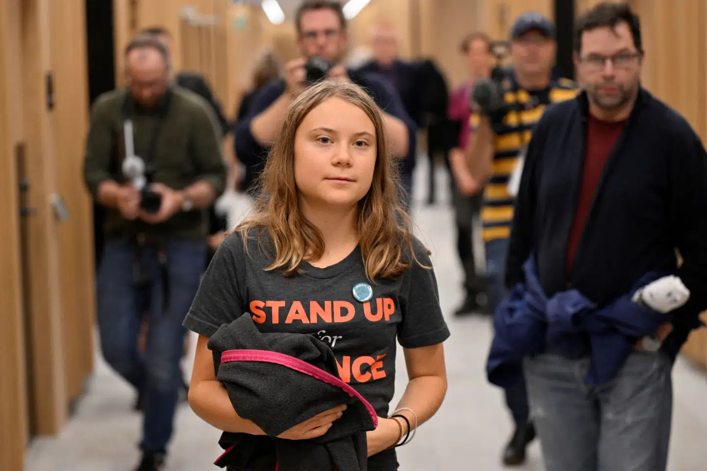 Greta Thunberg ses her ved sin ankomst i tingsretten i Malmø onsdag.