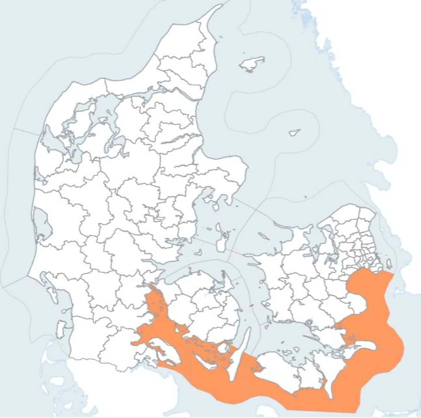 Vandstanden forventes at stige i de orange områder.