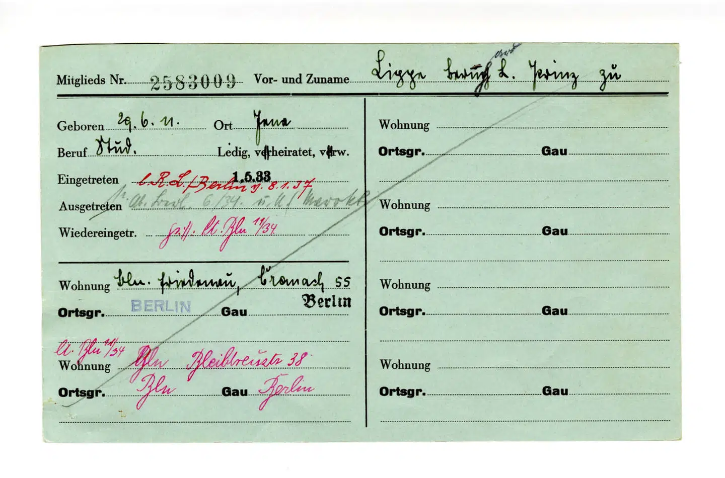 Prins Bernhards medlemskort til Hitlers nazistiske parti NSDAP, som han ellers frem til sin død benægtede eksisterede.