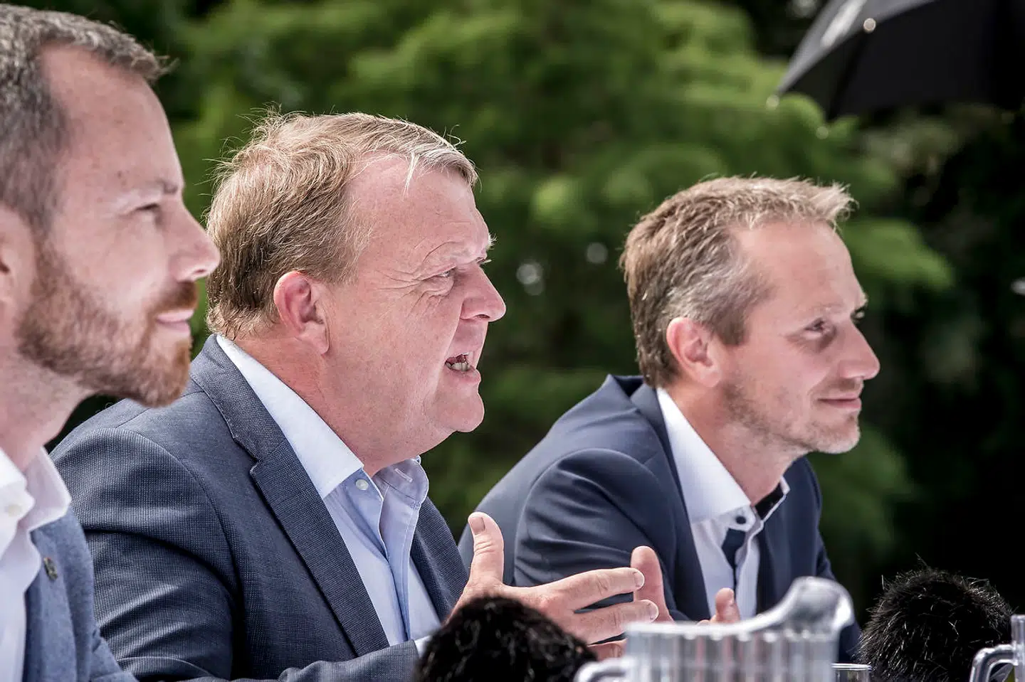 Jakob Ellemann-Jensen, Lars Løkke Rasmussen og Kristian Jensen under Venstres pressemøde i forbindelse med sommergruppemødet.
