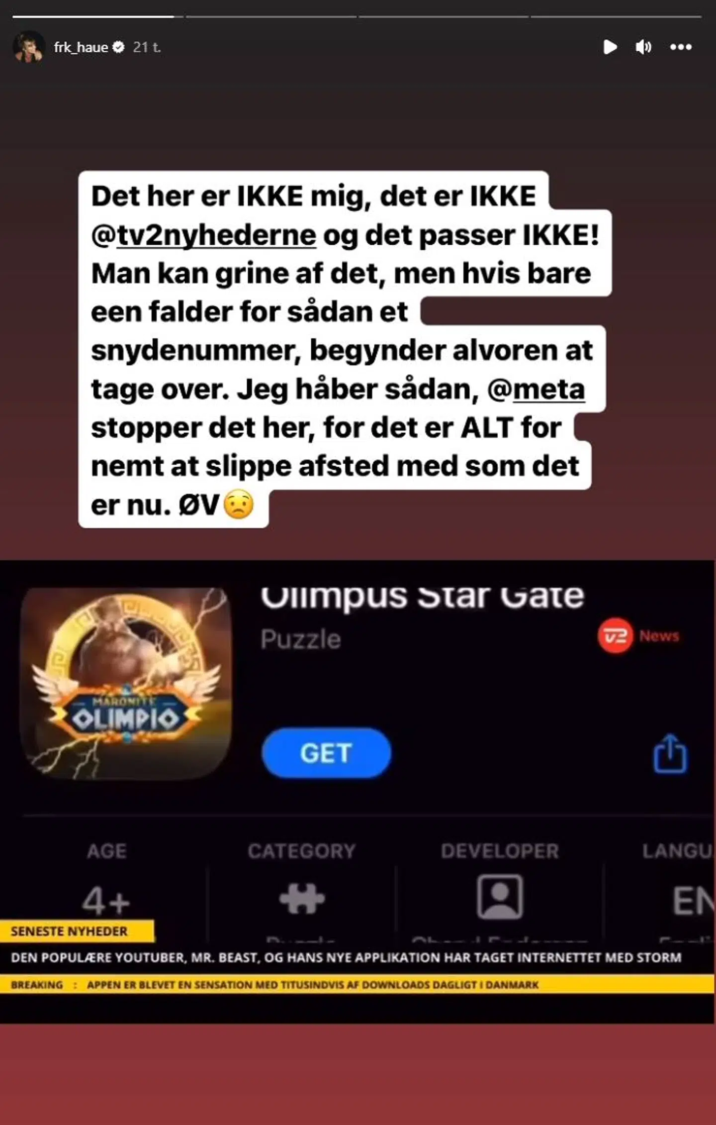Ditte Haues opslag på Instagram-stories. Foto: Privat.