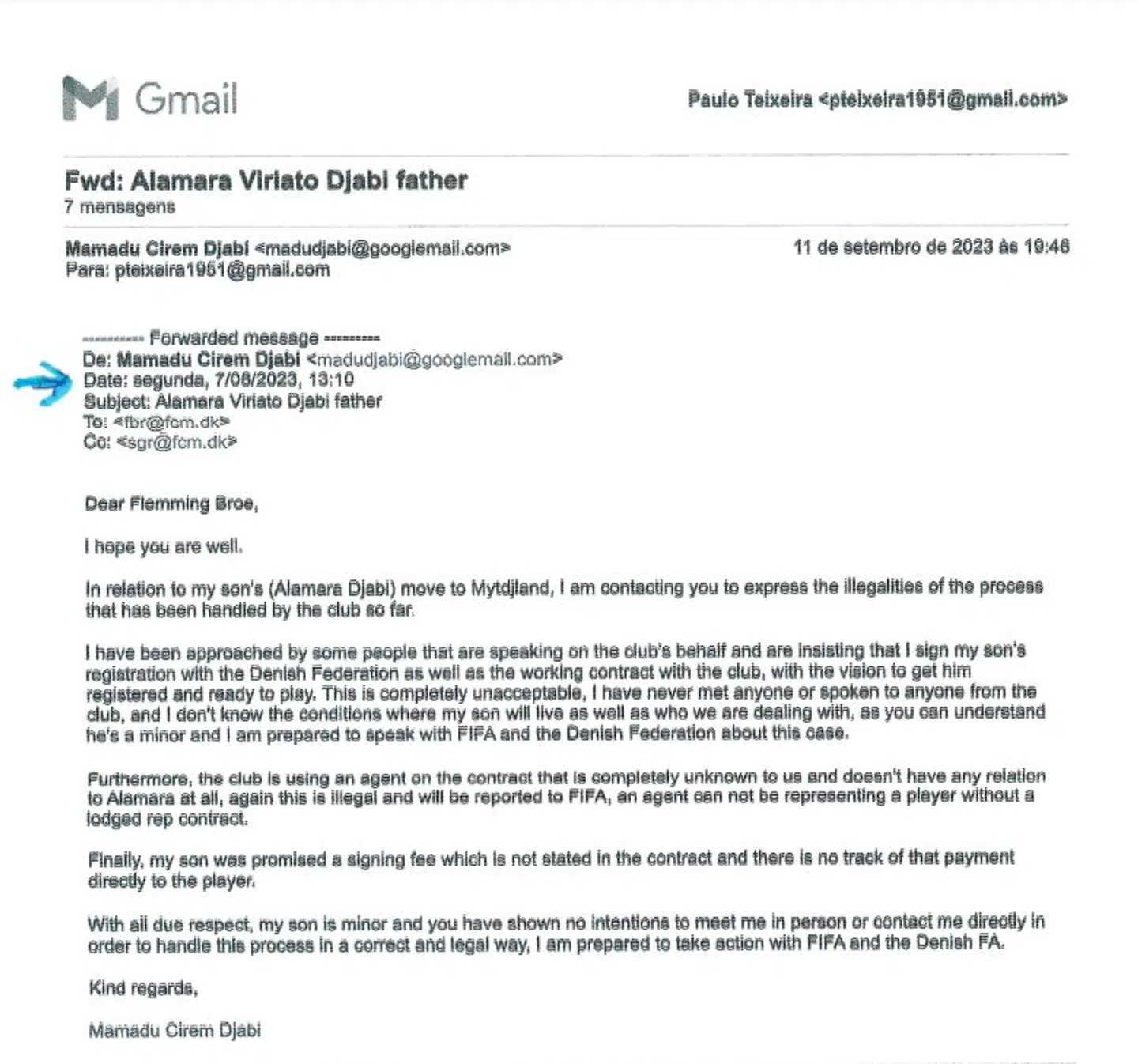 En mail, som Mamadu Cirem Djabi har sendt til FCM-akademichef Flemming Broe den 7. august. Han hævder, at FCM aldrig har svaret.