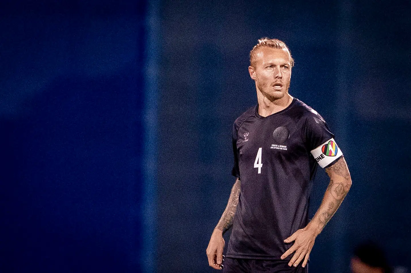 Simon Kjær med anførerbindet "One Love" under UEFA Nations League gruppe A-kampen mellem Kroatien og Danmark i Zagreb torsdag den 22. september 2022.. (Foto: Liselotte Sabroe/Ritzau Scanpix)