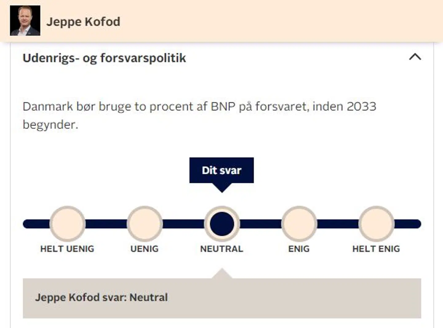 Også Jeppe Kofod forholder sig neutralt på spørgsmålet om hvorvidt Danmark skal betale to procent af BNP i 2033, hvilket er Natos krav og kernen i det nationale kompromis.