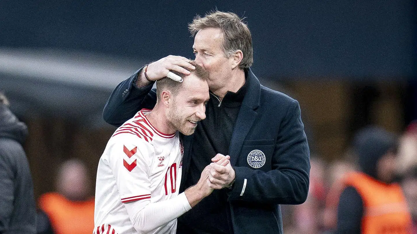 Christian Eriksen is replaced and given a hug by National Coach Kasper Hjulmand during the friendly international match between Denmark and Serbia in the Park, Copenhagen, Tuesday 29 March 2022 .. (Photo: Liselotte Sabroe / Ritzau Scanpix)