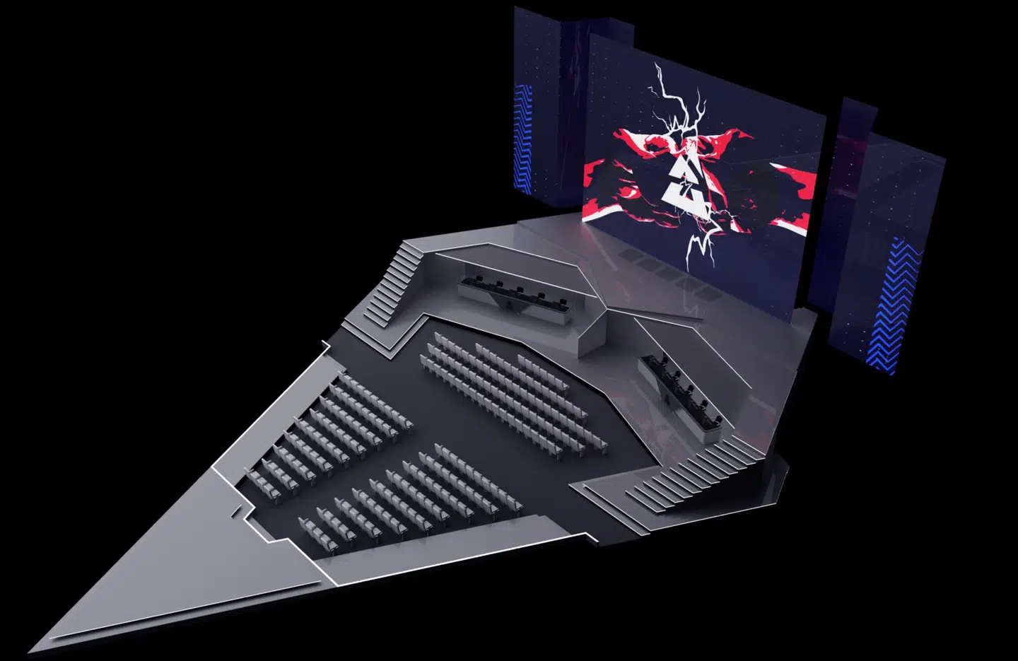 Sådan kommer scenen i Royal Arena til at se ud, når otte af verdens bedste hold kæmper om titlen.