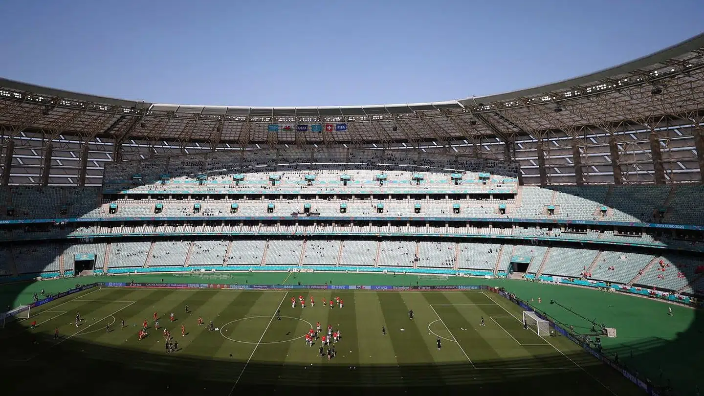 Sådan ser det stadion, som Danmark skal spille på i Baku, ud.
