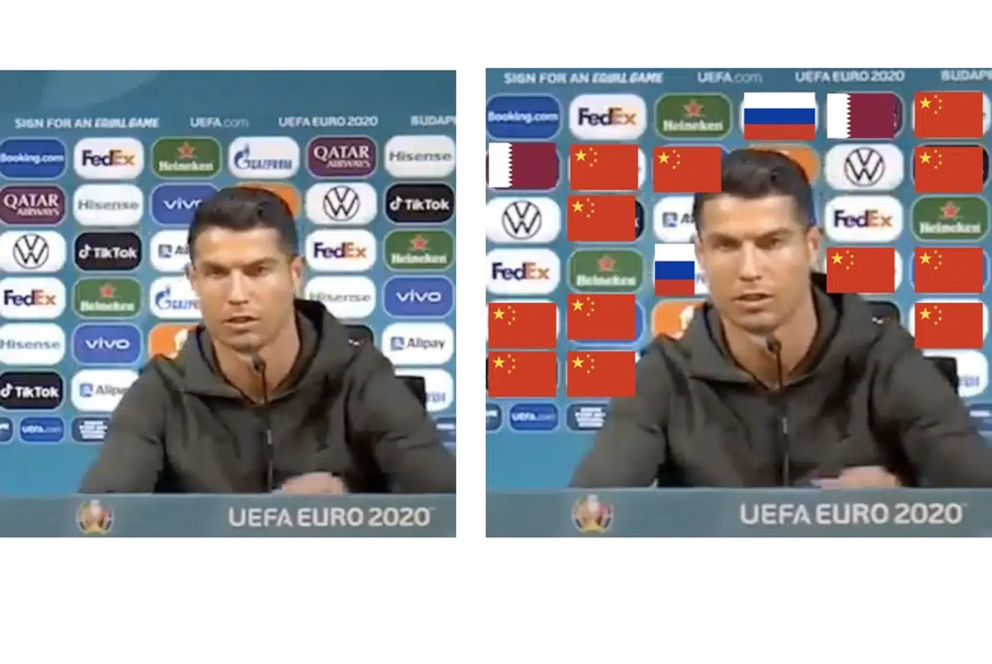Det samme billede af Cristiano Ronaldo. Det første uredigeret. Det andet, hvor flag erstatter de sponsorer, der er fra lande som Kina, Rusland og Qatar.