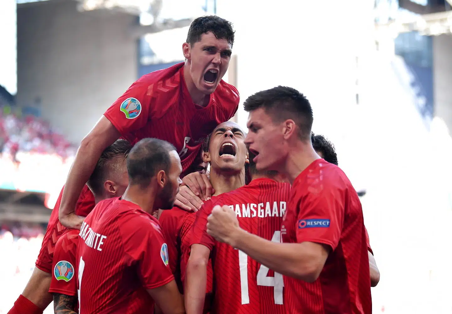 Soccer Football - Euro 2020 - Group B - Denmark v Belgium - Parken Stadium, Copenhagen, Denmark - June 17, 2021 Denmark's Yussuf Poulsen celebrates scoring their first goal with teammates Pool via REUTERS/Stuart Franklin TPX IMAGES OF THE DAY