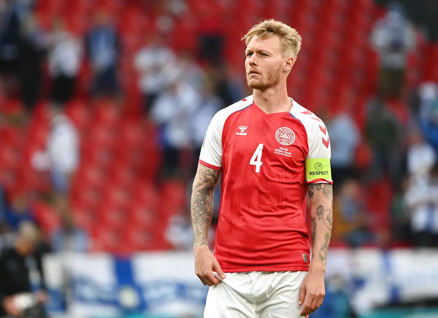Soccer Football - Euro 2020 - Group B - Denmark v Finland - Parken Stadium, Copenhagen, Denmark - June 12, 2021 Denmark's Simon Kjaer before the match is restarted Pool via REUTERS/Jonathan Nackstrand