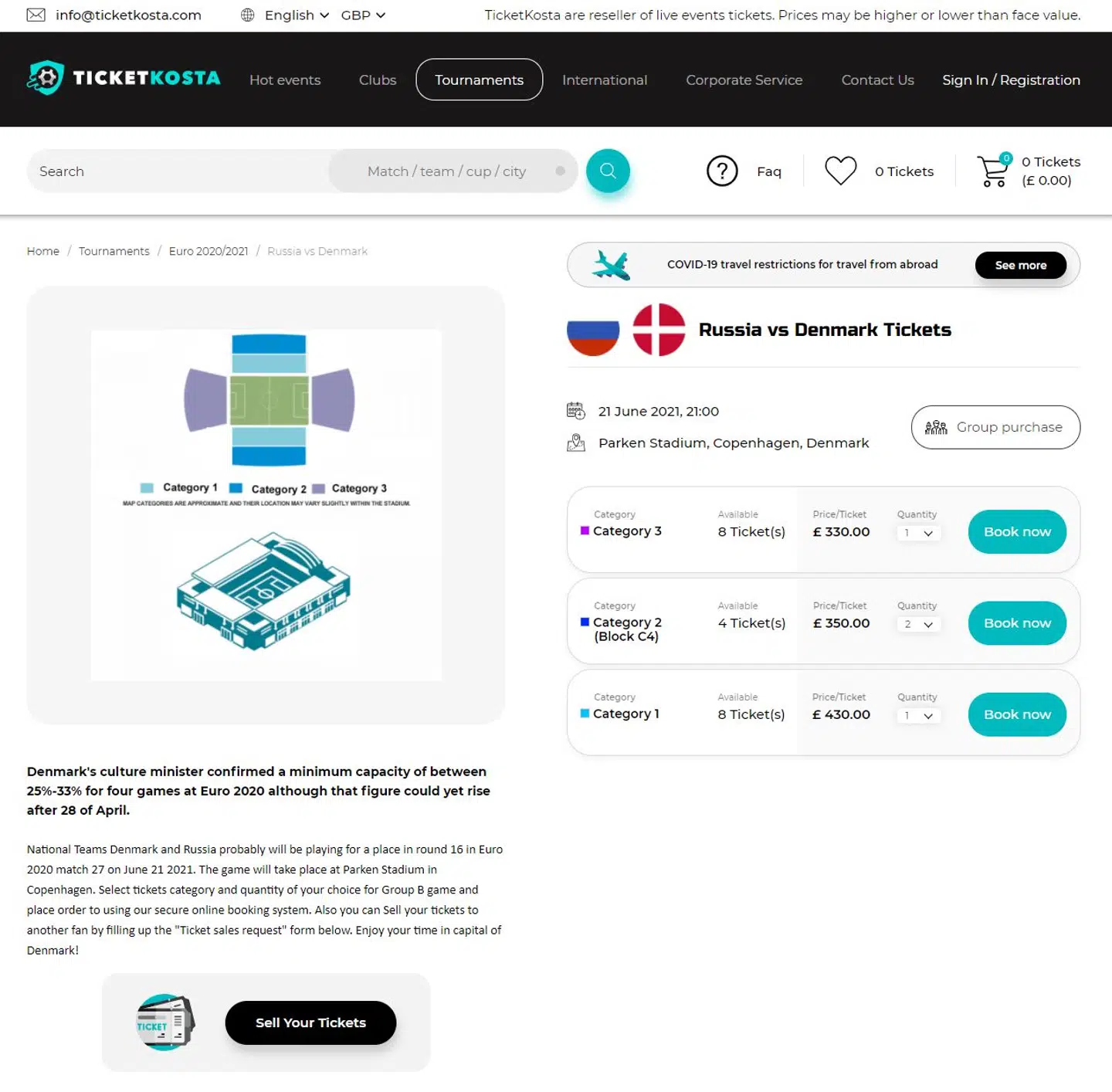 Sådan så priskategorierne ud hos det britiske site Ticketkosta onsdag formiddag.