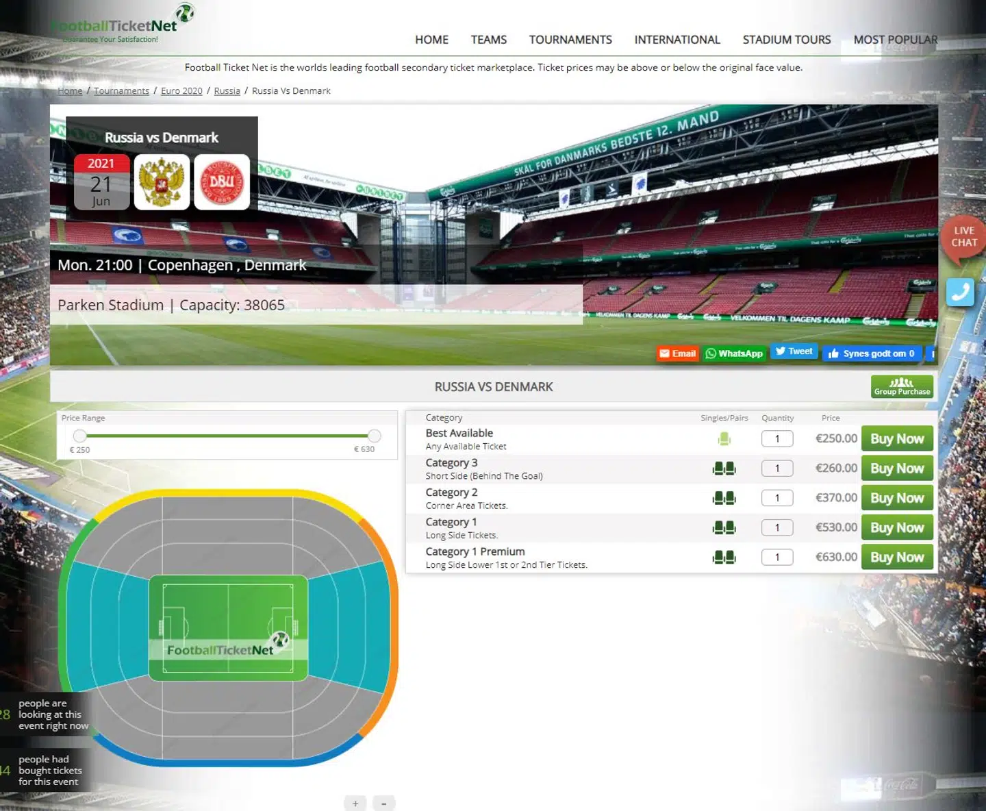 Sådan så priserne ud på FootballTicketNet onsdag ved middagstid.