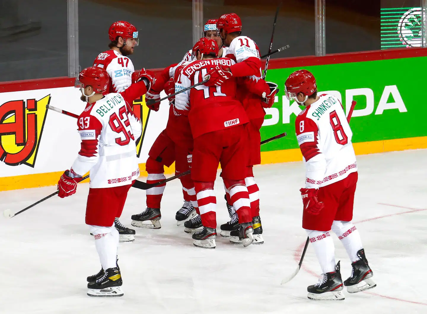 ice Hockey - IIHF World Ice Hockey Championship 2021 - Group A - Denmark v Belarus - Olympic Sports Centre, Riga, Latvia - May 28, 2021 Denmark's Matthias Asperup celebrates scoring their second goal REUTERS/Ints Kalnins