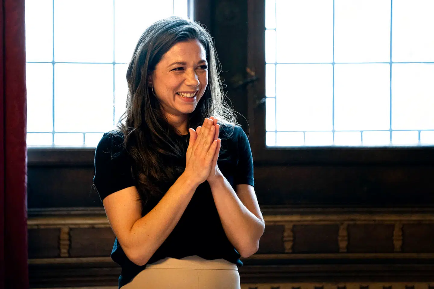 Bokseren Sarah Mahfoud hyldes på Københavns Rådhus torsdag 6. februar 2020. Sarah Mahfoud vandt lørdag IBF VM-bæltet i fjervægt. (Foto: Ida Guldbæk Arentsen/Ritzau Scanpix)