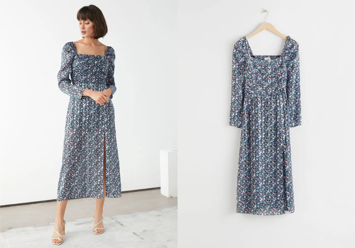 Blå blomstret square neck midi dress fra NA-KD