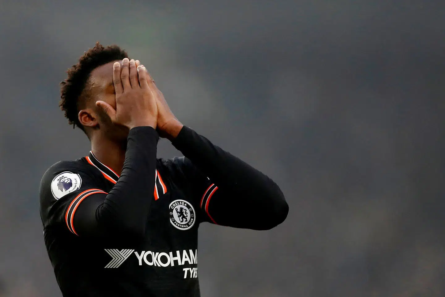 FILE PHOTO: Soccer Football - Premier League - Brighton & Hove Albion v Chelsea - The American Express Community Stadium, Brighton, Britain - January 1, 2020 Chelsea's Callum Hudson-Odoi reacts Action Images via Reuters/Matthew Childs/File Photo EDITORIAL USE ONLY.No use with unauthorized audio, video, data, fixture lists, club/league logos or "live" services. Online in-match use limited to 75 images, no video emulation.No use in betting, games or single club/league/player publications. Please contact your account representative for further details.