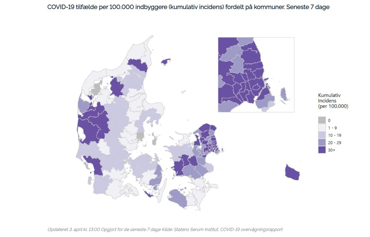 Covid-19 tilfælde per 100.000 indbyggere (kumulativ incidens) fordelt på kommuner.