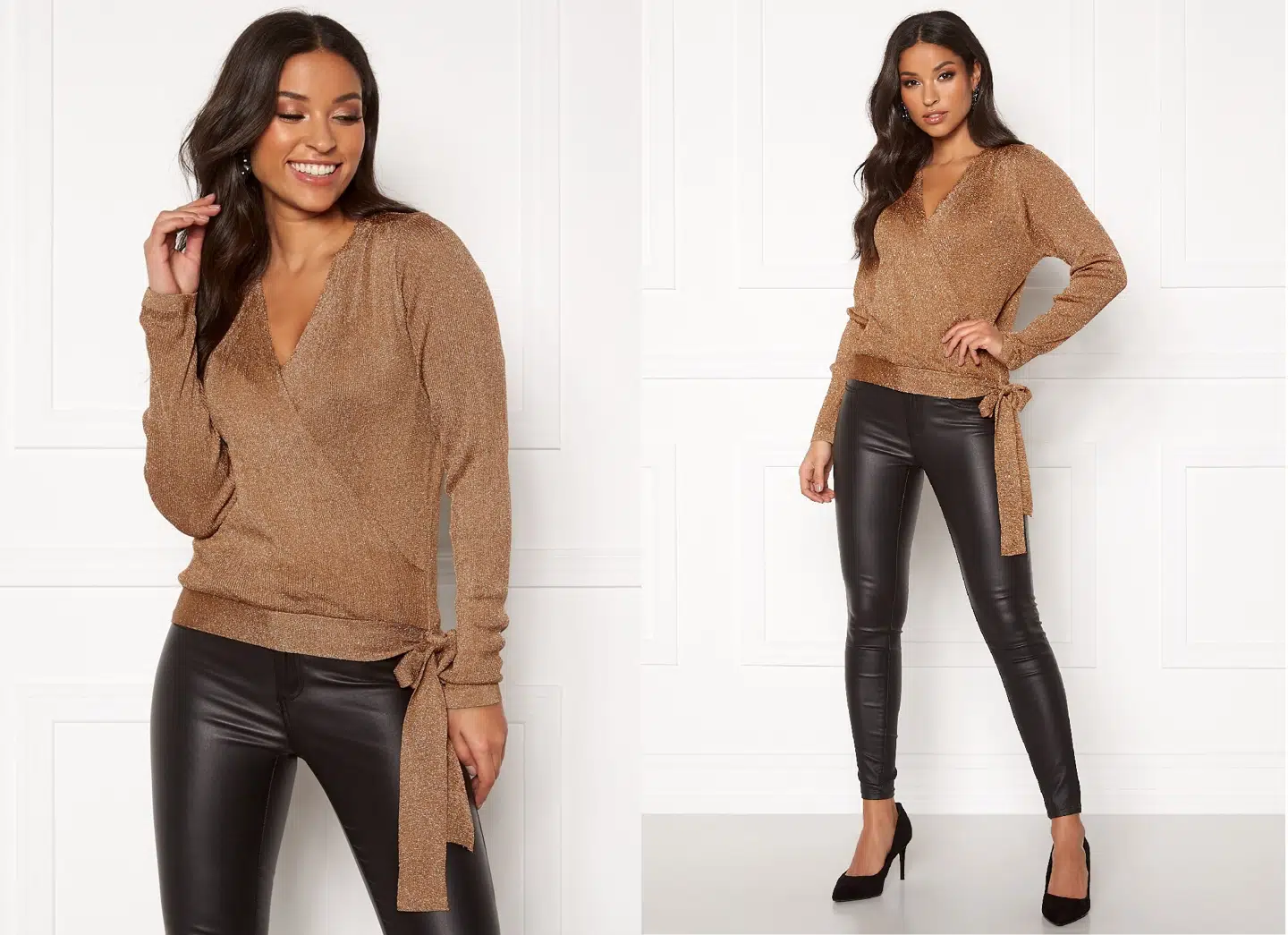 Jenna LS Lurex Wrap Knit Mocha Bisque/Lurex fra Pieces