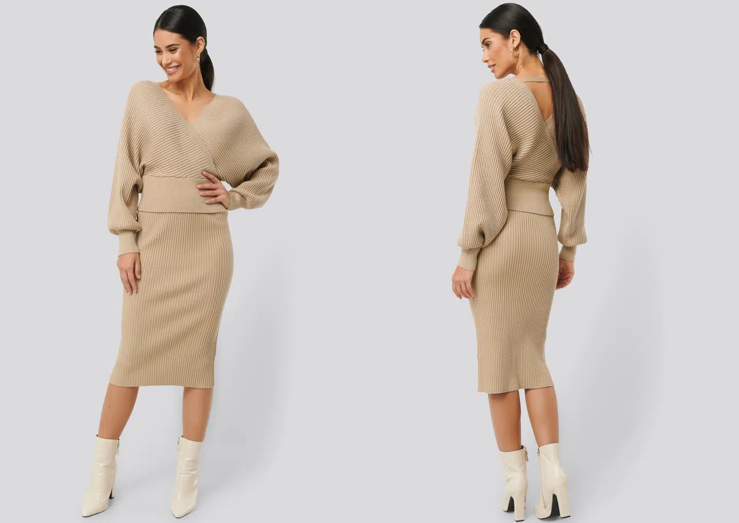 Glittery Ribbed Knitted Skirt i beige fra NA-KD.