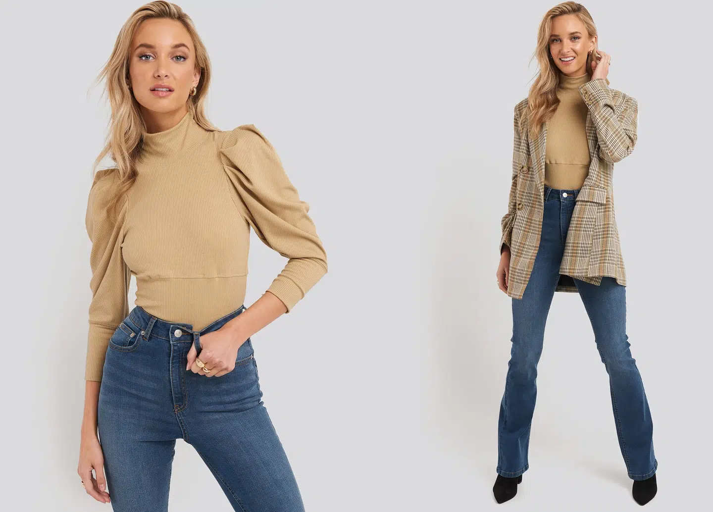 Puff Sleeve Corded Knit Top i beige.