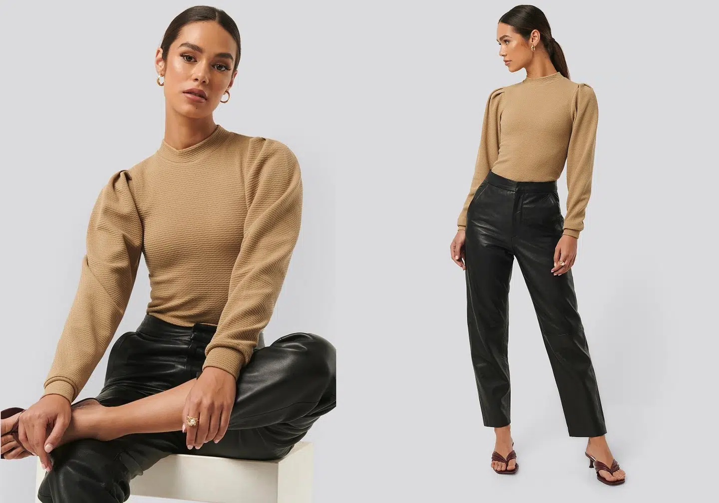 Shoulder Detail Textured Sweat i beige fra NA-KD.