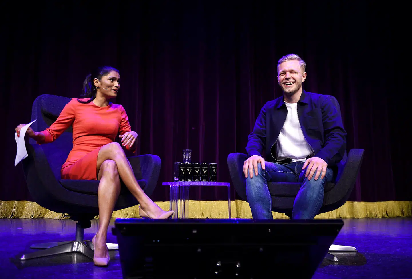 F1. Talkshow 2019 med Kevin Magnussen og hans teamchef, Guenther Steiner. Her er Kevin sammen med Ulla Essendrup, der var aftenens vært i Cirkusbygningen, København, onsdag den 6. marts 2019.