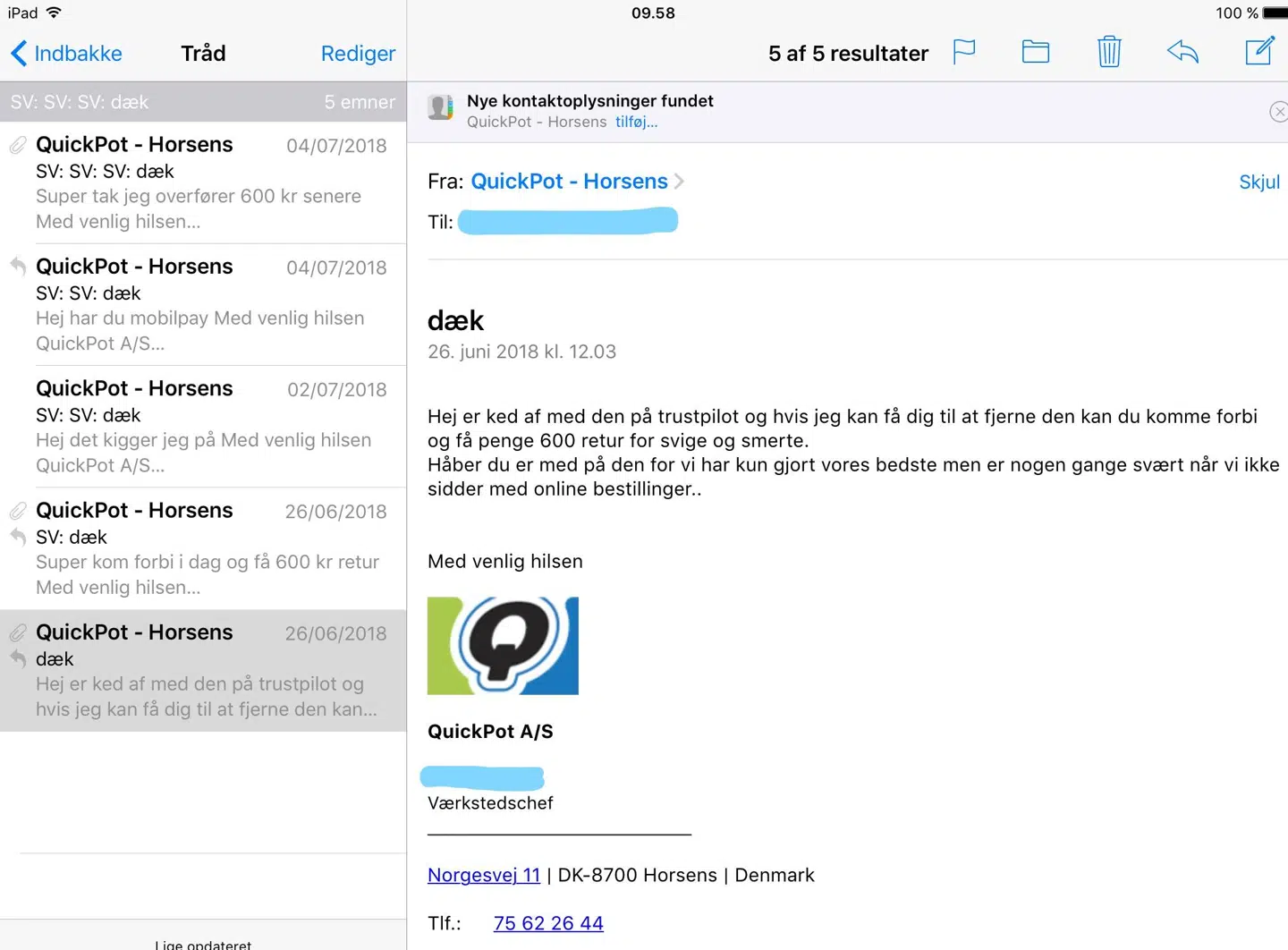 Denne mail modtog Morten Sørensen fem minutter efter, han havde lagt en anmeldelse på Trustpilot.