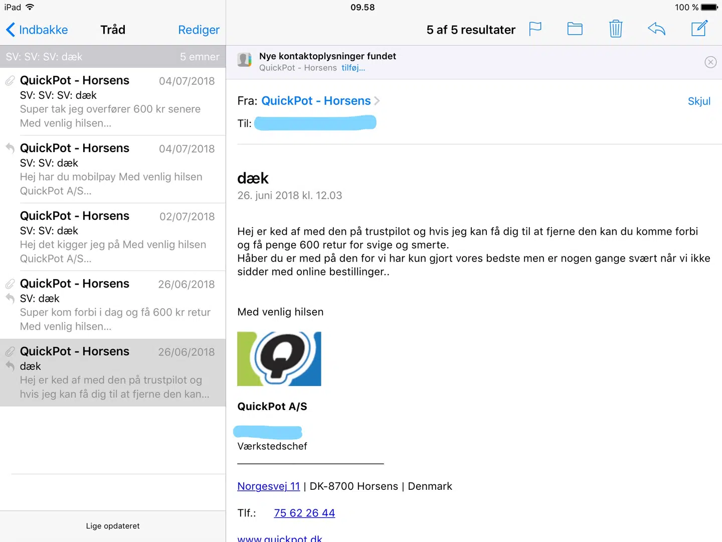 Denne mail modtog Morten Sørensen fem minutter efter, han havde lagt en anmeldelse på Trustpilot.