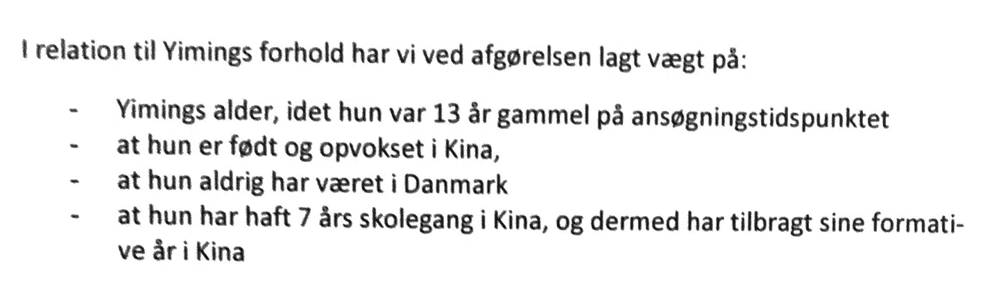 De forhold i fht. Yiming, som Udlændingenævnet har lagt vægt på.