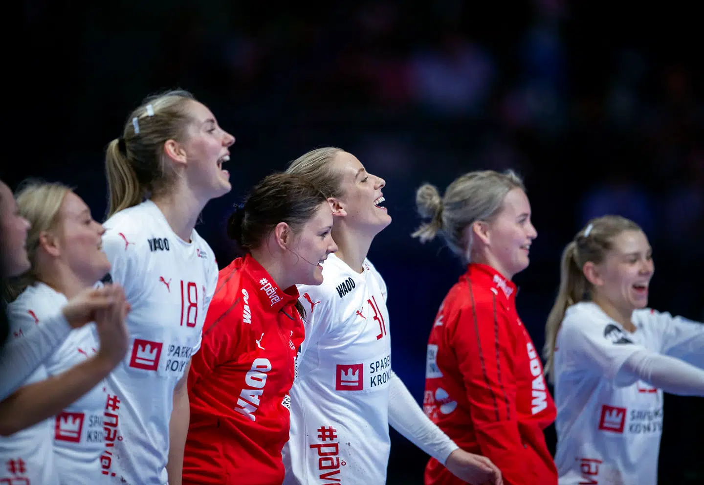 Anne Cecilie la Cour, Stine Bodholt, Mette Tranborg, Sandra Toft og Trine Østergaard efter kampen mellem Danmark-Polen i Nantes, søndag den 2 december 2018.