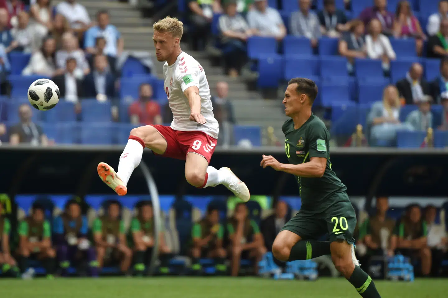 Nicolai Jørgensen lagde op til Danmarks enlige mål i torsdagens 1-1-kamp mod Australien. Liselotte Sabroe/Ritzau Scanpix