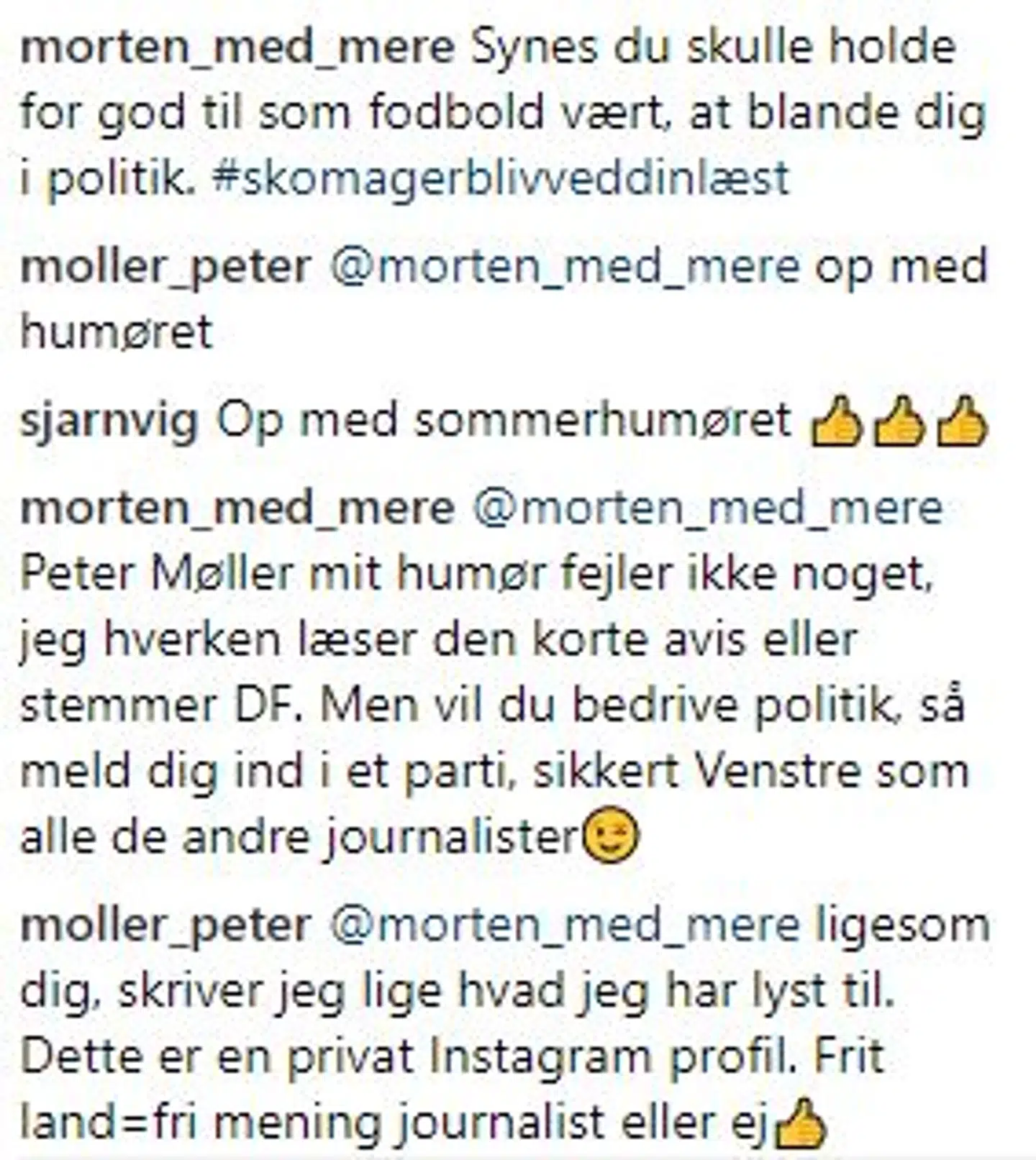 Peter Møllers kommentar på Instagram.