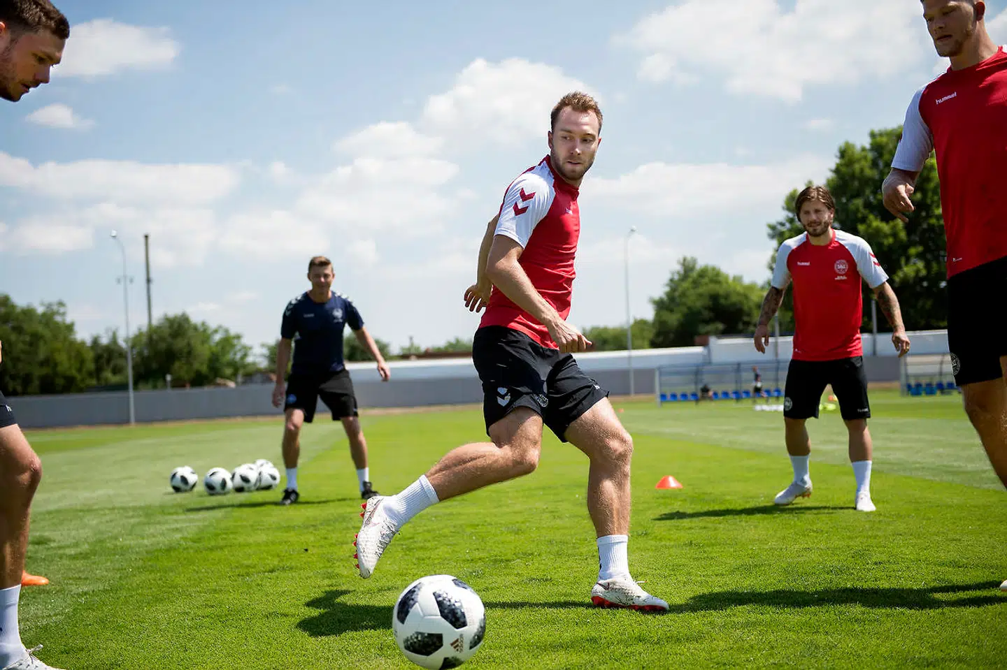 Christian Eriksen, Henrik Dalsgaard, Andreas Cornelius og Lasse Schöne under landsholdstræning i Anapa.