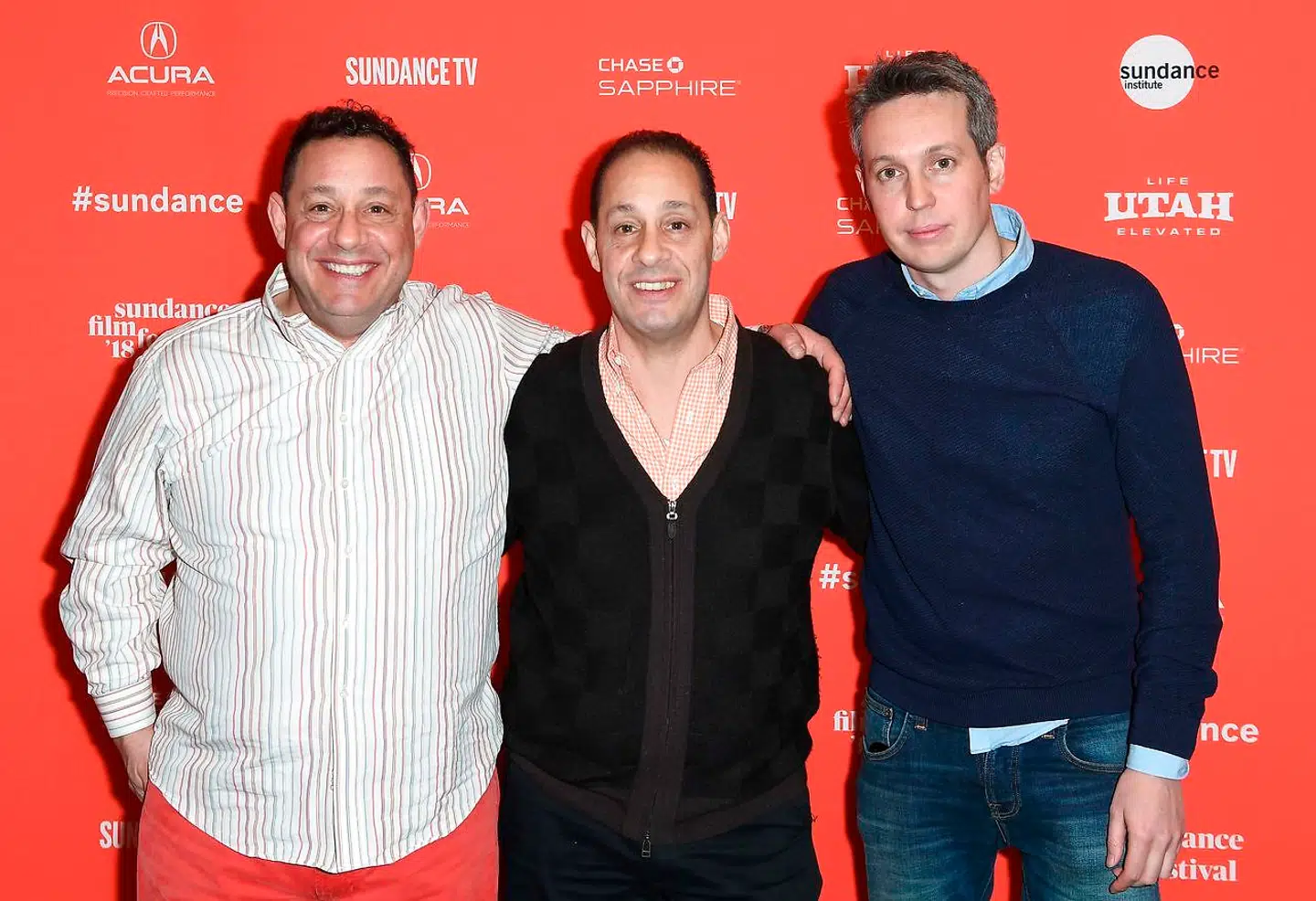 David Kellman og Robert "Bobby" Shafran fotograferet med instruktør Tim Wardle ved premieren på 'Three Identical Strangers' på Sundance Film Festival i januar i år.