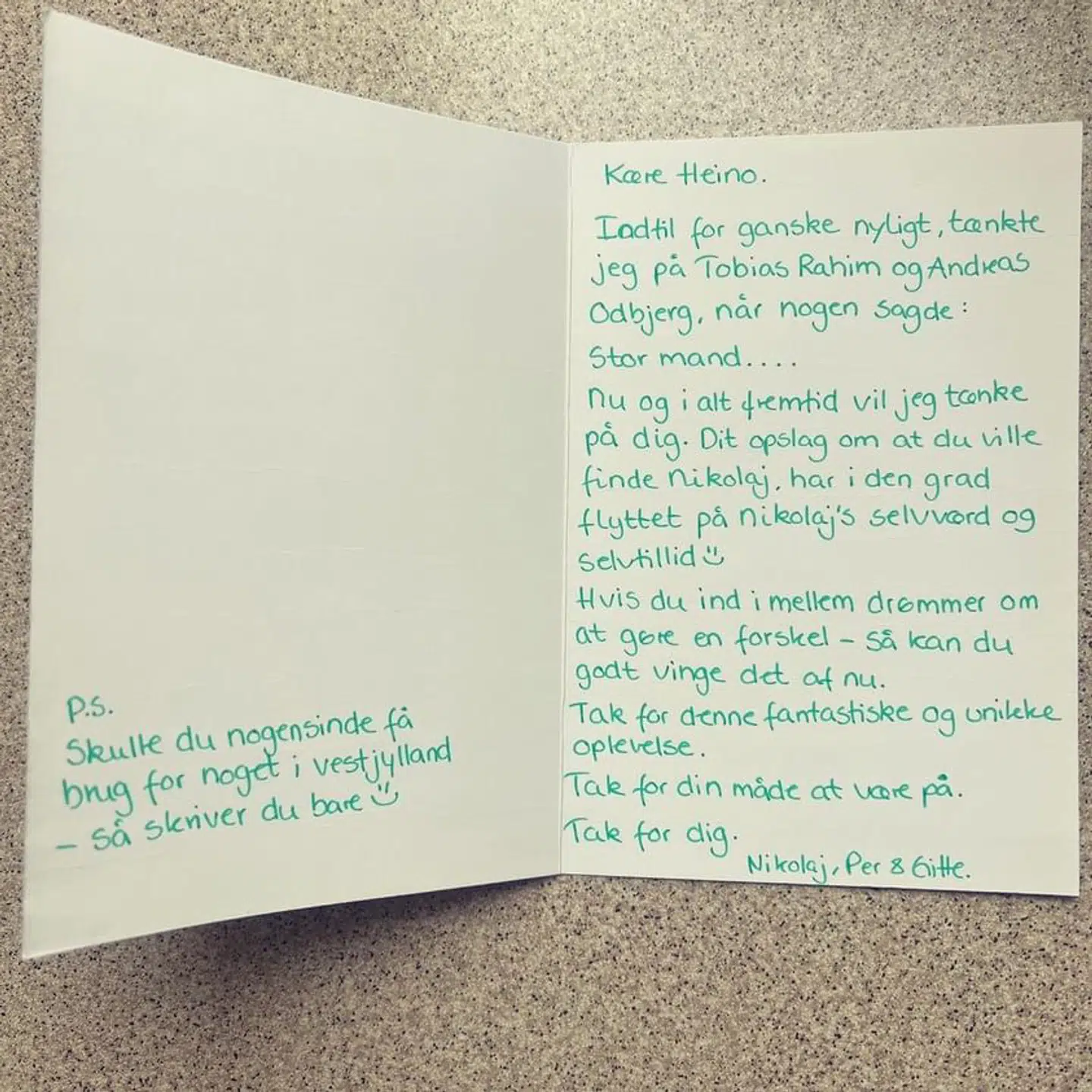 Takkekortet til Heino Hansen fra Nikolaj og hans forældre.