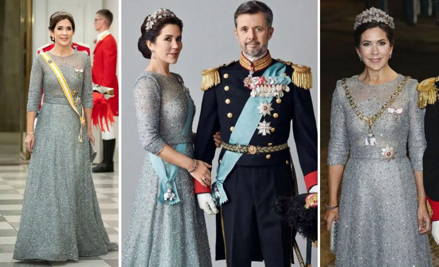 Kronprinsesse Mary bar for tredje gang sin perlebesatte Lasse Spangenberg-kjole til gallataffel på Christiansborg Slot. Forinden bar hun den på gallaportrætter i anledningen af sin 50-års fødselsdag, samt til det følgende nytårstaffel. Fotos: Ritzau Scanpix