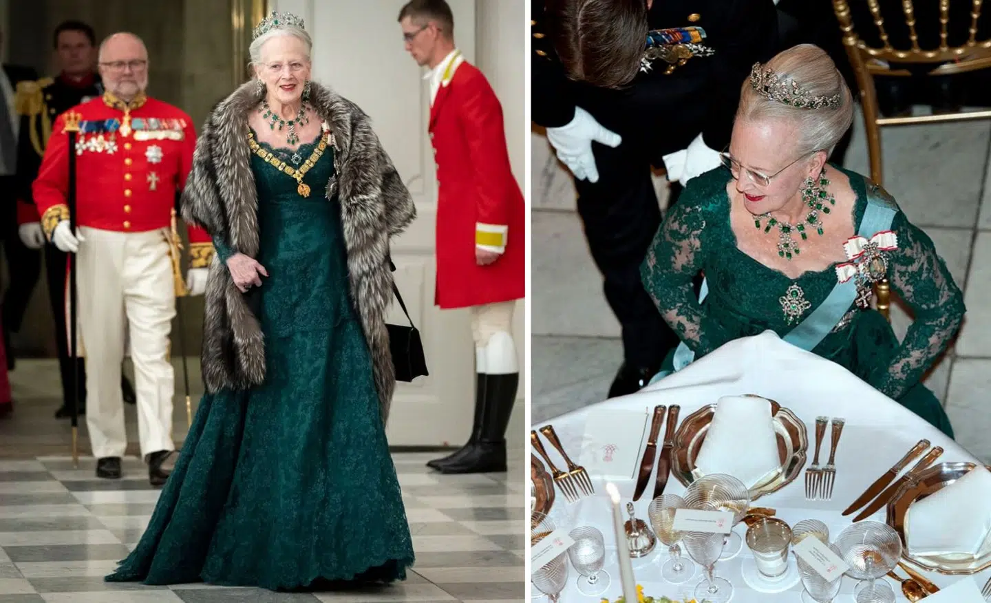 Dronning Margrethe havde som ofte sin sølvræv på til gallataffel på Christiansborg. Den grønne Birgitte Thaulow-kjole bar hun blandt andet også under statsbesøget i Tyskland for to år tilbage. Fotos: Ritzau Scanpix