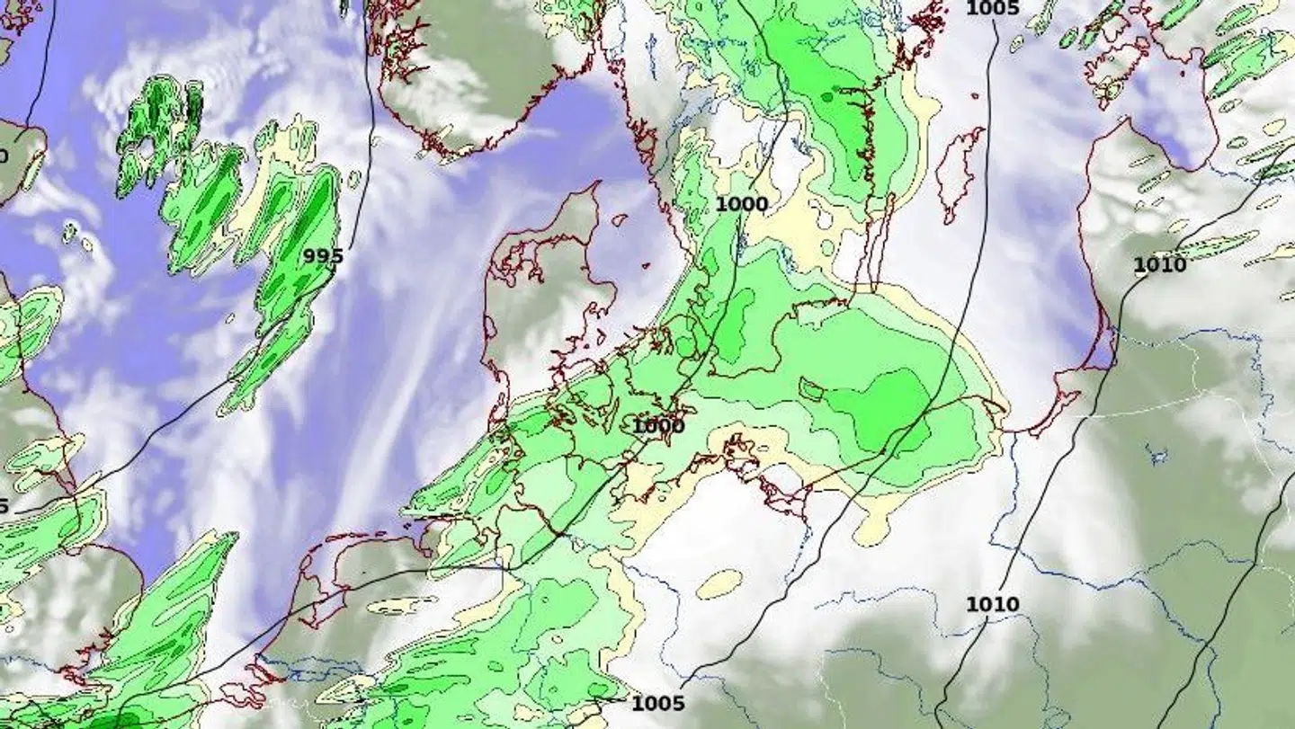 Den vestlige del af landet får regn onsdag aften og nat - den østlige får regn hele torsdag.