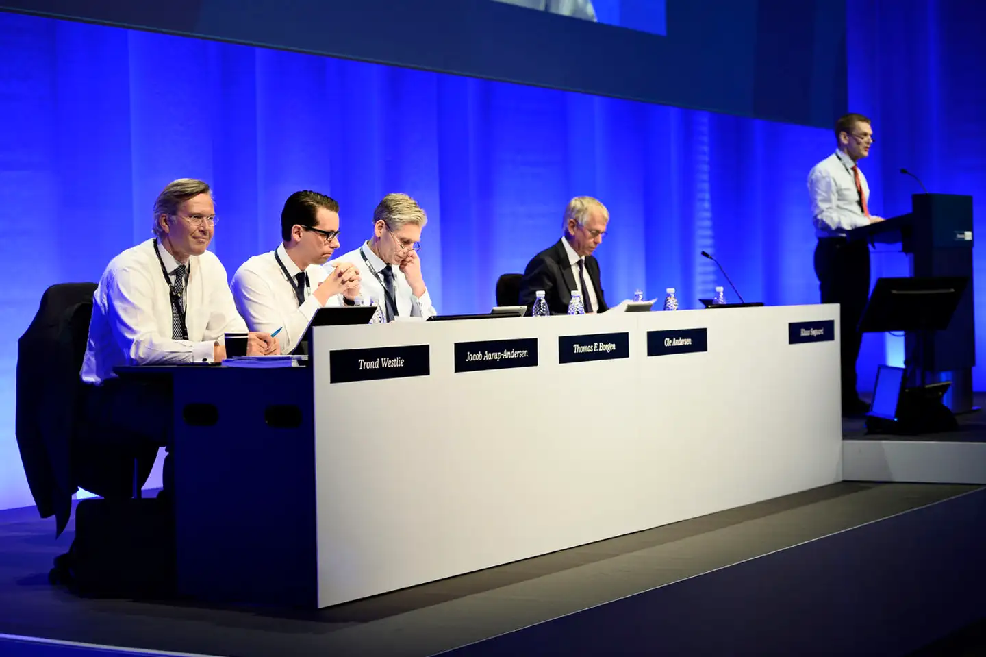 Generalforsamling i Danske Bank i 2017, da Thomas Borgen var direktør. Han måtte siden forlade stillingen efter hvidvasksagen. Jacob Aarup-Andersen var valgt til at tage over, men Finanstilsynet sagde nej på grund af manglende erfaring.