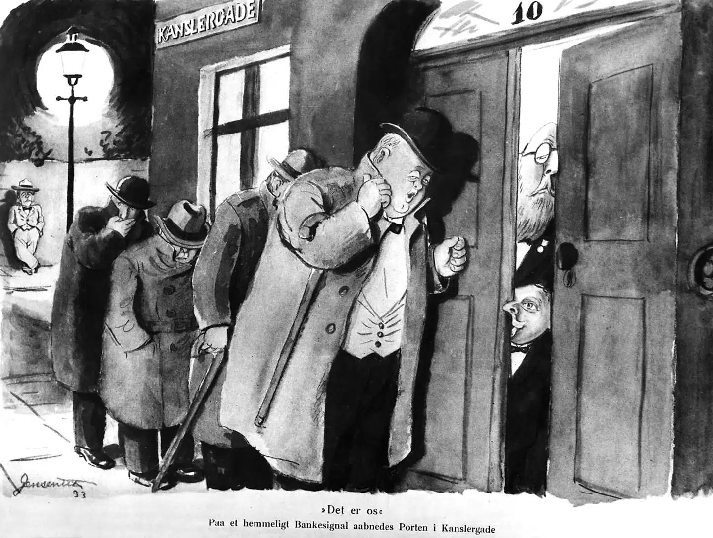 »Det er os,« lyder teksten til Jensenius' berømte situationsberetning fra Kanslergade. Kanslergade-forliget blev indgået 30 januar 1933.