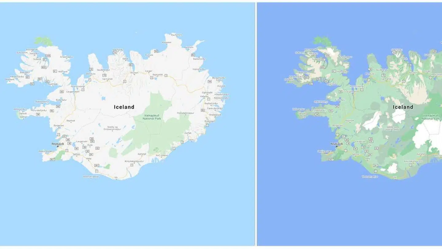 Så store er forskellene på Googles hidtidige kortdesign (til venstre) og det nye (til højre), som nu indføres overalt, så man klarere kan skelne detaljerne.