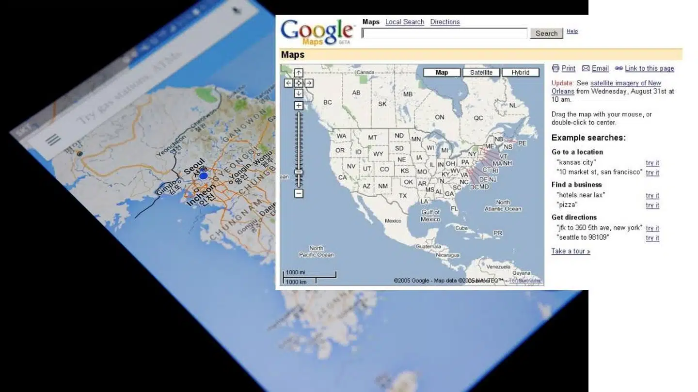 Sådan så Google Maps ud ved premieren i februar 2005 – resultatet af to danske brødres arbejde gennem flere år. De revolutionerede navigationen, som vi i dag næsten alle sammen har i lommen, enten fra Google eller fra en af de mange øvrige kortproducenter.