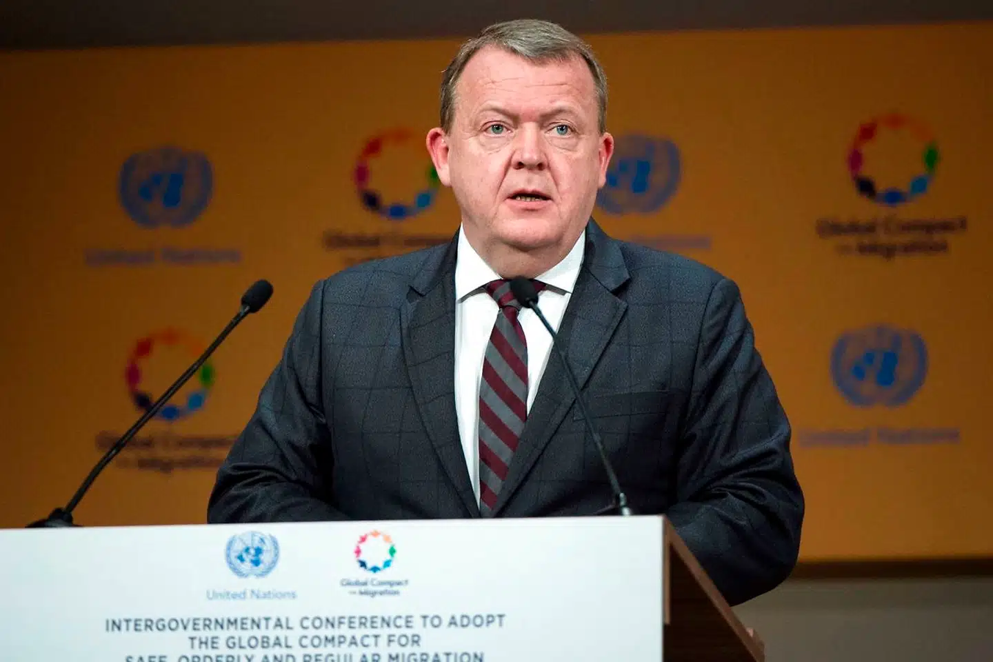 Tidligere statsminister Lars Løkke Rasmussen (V) taler ved FN-konference om migrantpagten i Marrakech i Marokko 10. december 2018. Lars Løkke måtte selv tage til Marokko og tilslutte sig migrationspagten, da flere af hans ministre afviste at rejse derned.