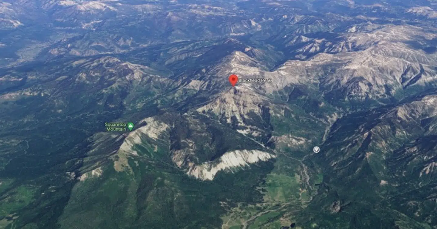 Den røde nål på billedet viser placeringen af bjerget Blackhead Peak, der er en del af bjergkæden San Juan i det sydlige Colorado.